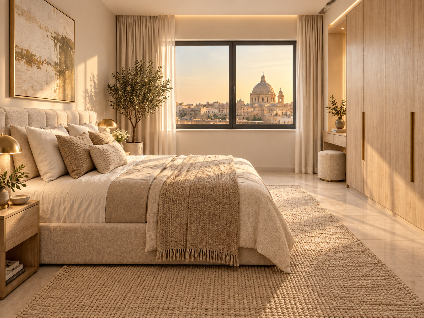 Bedroom render with a normal-height window facing Mosta Rotunda