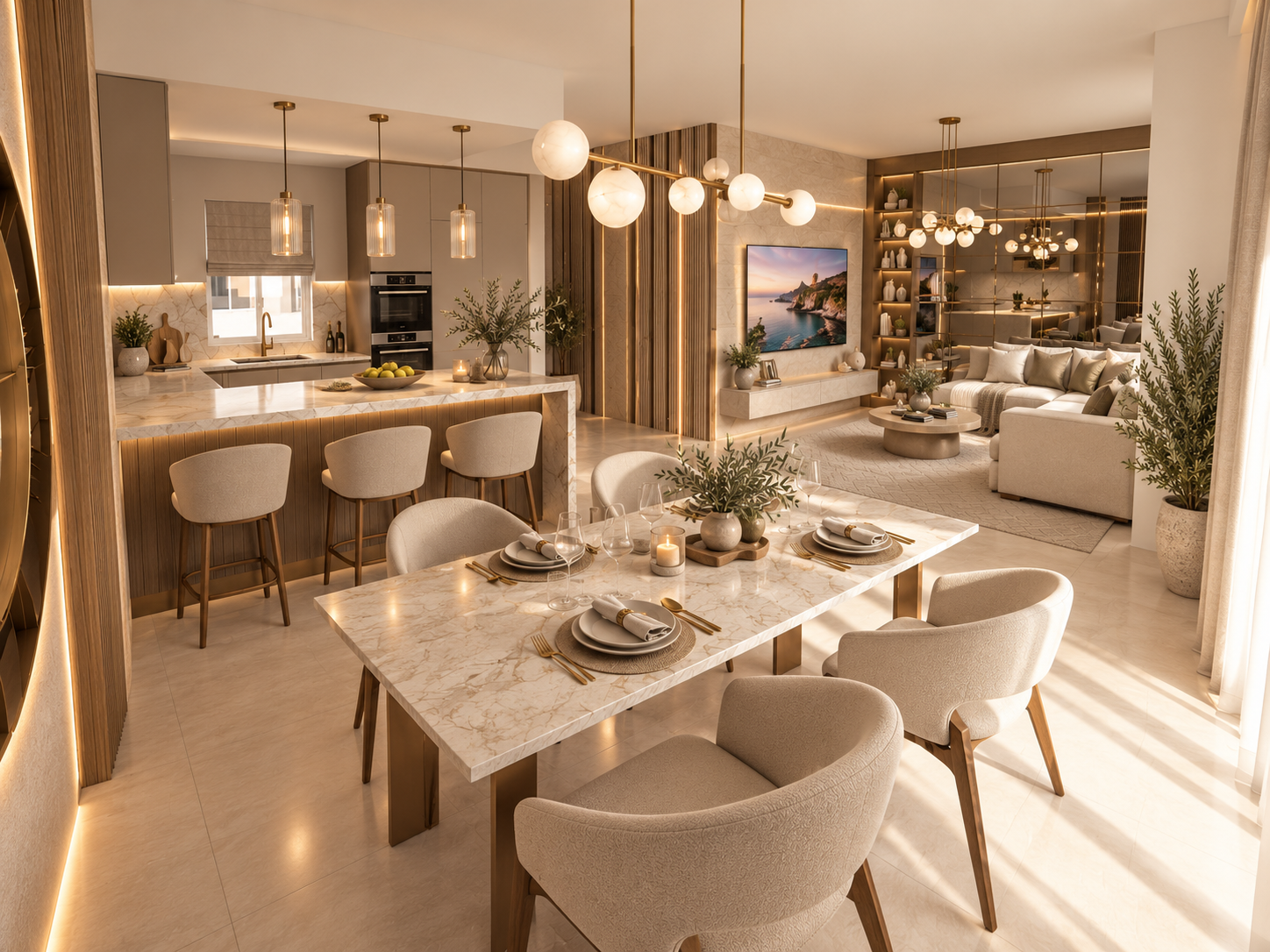 Warm luxury kitchen, dining and living room render for P1