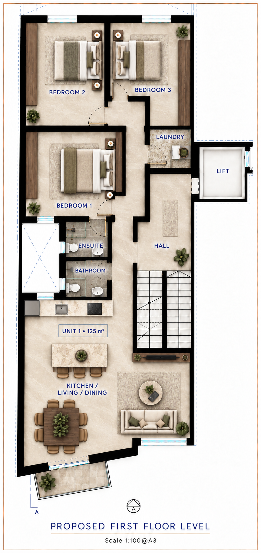 Furnished floor plan for P1 at Mosta Rotunda View