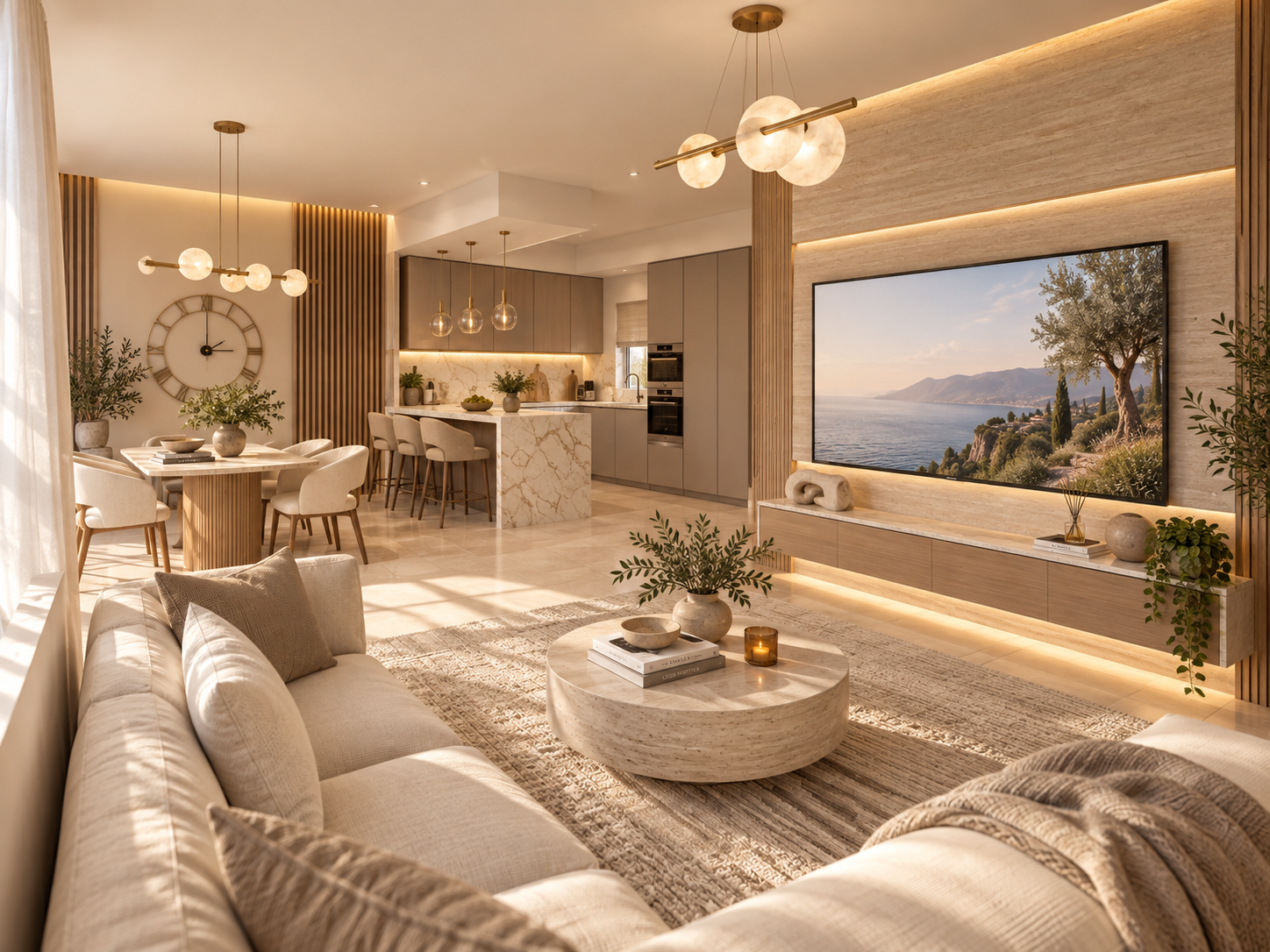 Warm luxury kitchen, dining and living room render for P2